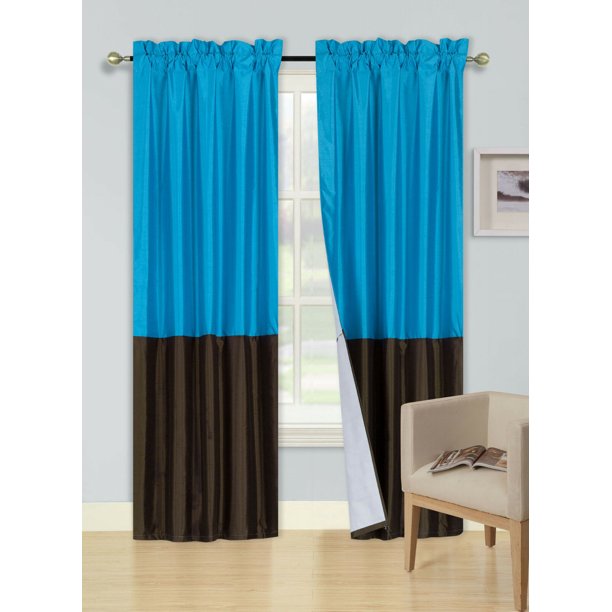 1 SET KIM CURTAIN BLACKOUT ROD POCKET PANEL 2 TONE SOLID COLORS TURQUOISE / BROWN ROOM DARKENING
