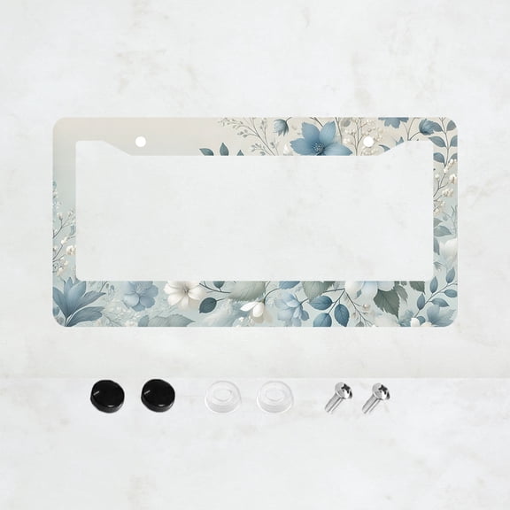 Vintage Hibiscus Beautiful Blue White Flora License Plate Prame Aluminum Rust-Proof Auto Parts License Plate Decorative Screws Fit Standard 2 Holes 1 U.S. License Plate, 12.2x 6.3 Inch