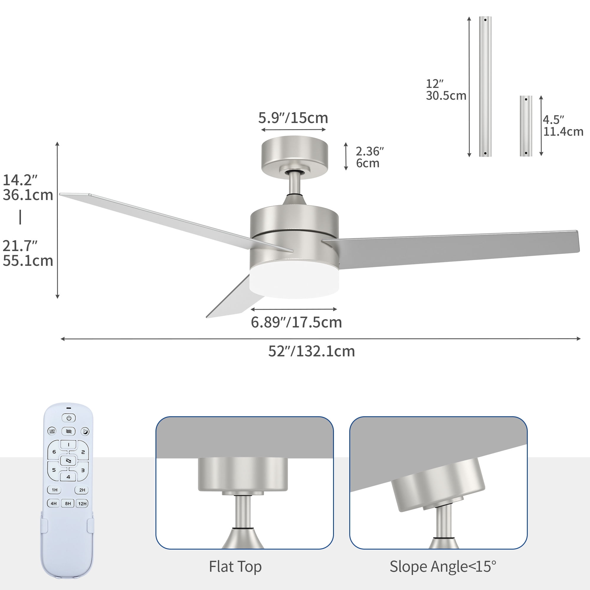 Uforic 52" Modern Ceiling Fan with LED Light and Dimmable Remote,6-Speed Reversible DC Motor, 3-Blade Timing Industrial Ceiling Fan for Living Room, Bedroom, and Outdoor Terraces, Silver
