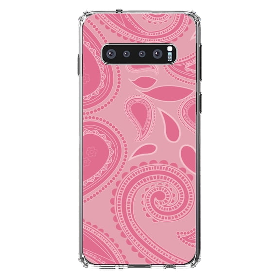 DistinctInk Clear Shockproof Hybrid Case for Samsung Galaxy S10 (6.1" Screen) - TPU Bumper, Acrylic Back, Tempered Glass Screen Protector - Big Pink Paisley