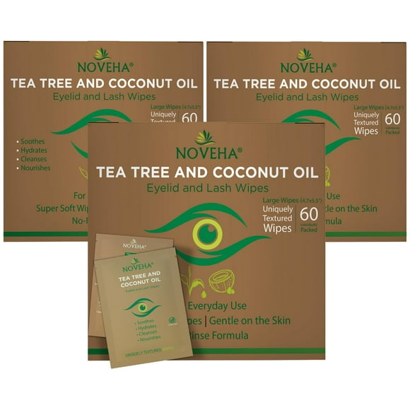 Toallitas para párpados y pestañas NOVEHA con aceite de coco y árbol de té, 60 unidades, 3 unidades