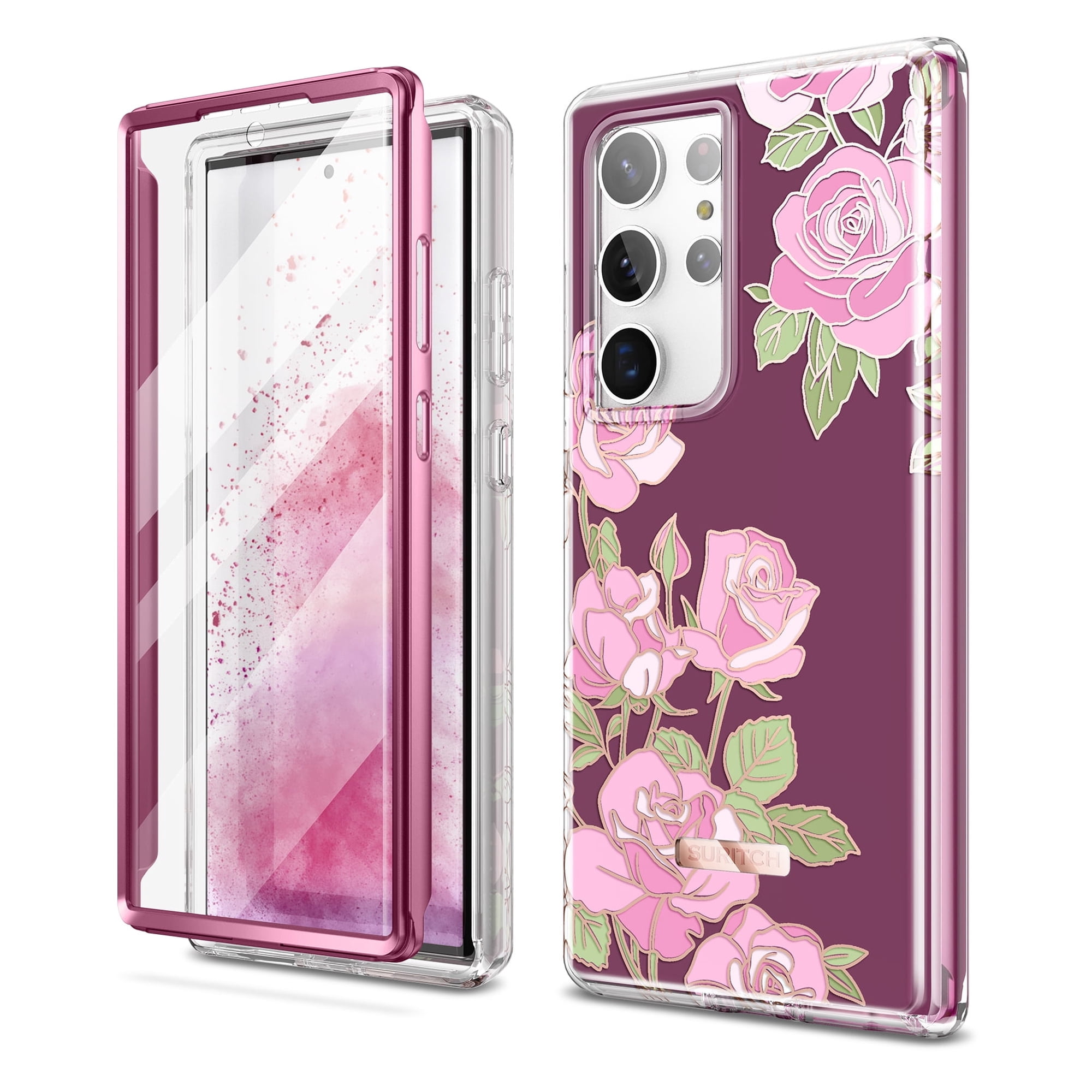Suritch Cell Phone Case for Samsung Galaxy S23 Ultra with Built-in Screen Protector and Dual-Layer Protection, Rugged Full Body Shockproof Protective Cover, Pink Rose