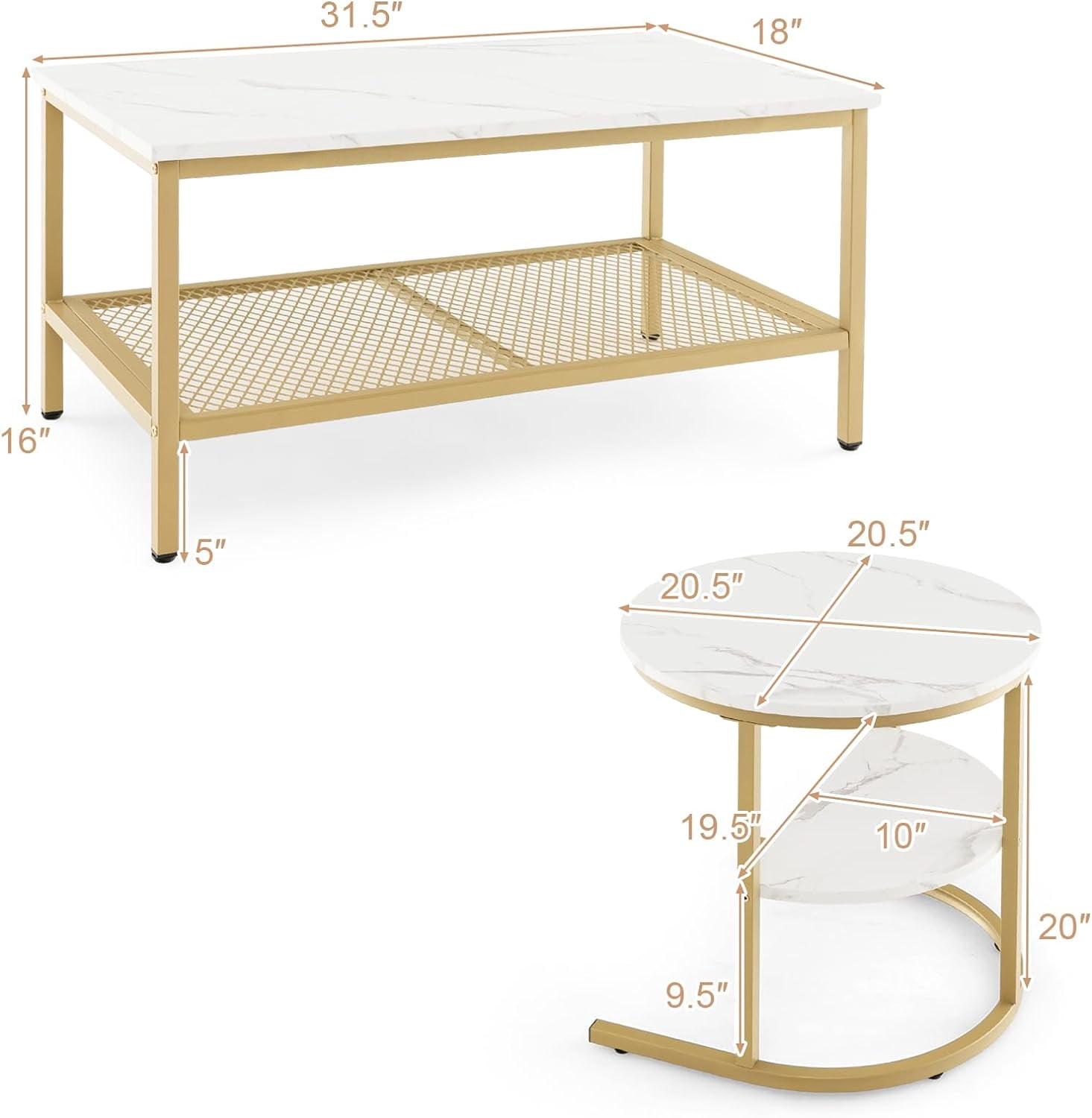 2 in 1 Nesting Coffee Table Modern Faux Marble Top Detachable Open Storage Shelf ,Home ,Office ,Gold & White