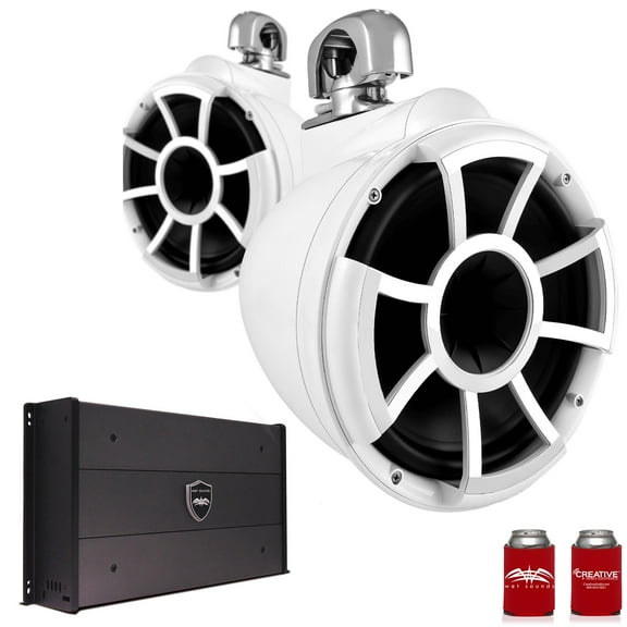 Wet Sounds REV10W-SC 10" White Tower Speakers with Stainless Steel Swivel Clamps & SYN-DX2.3 1200 Watt Amplifier