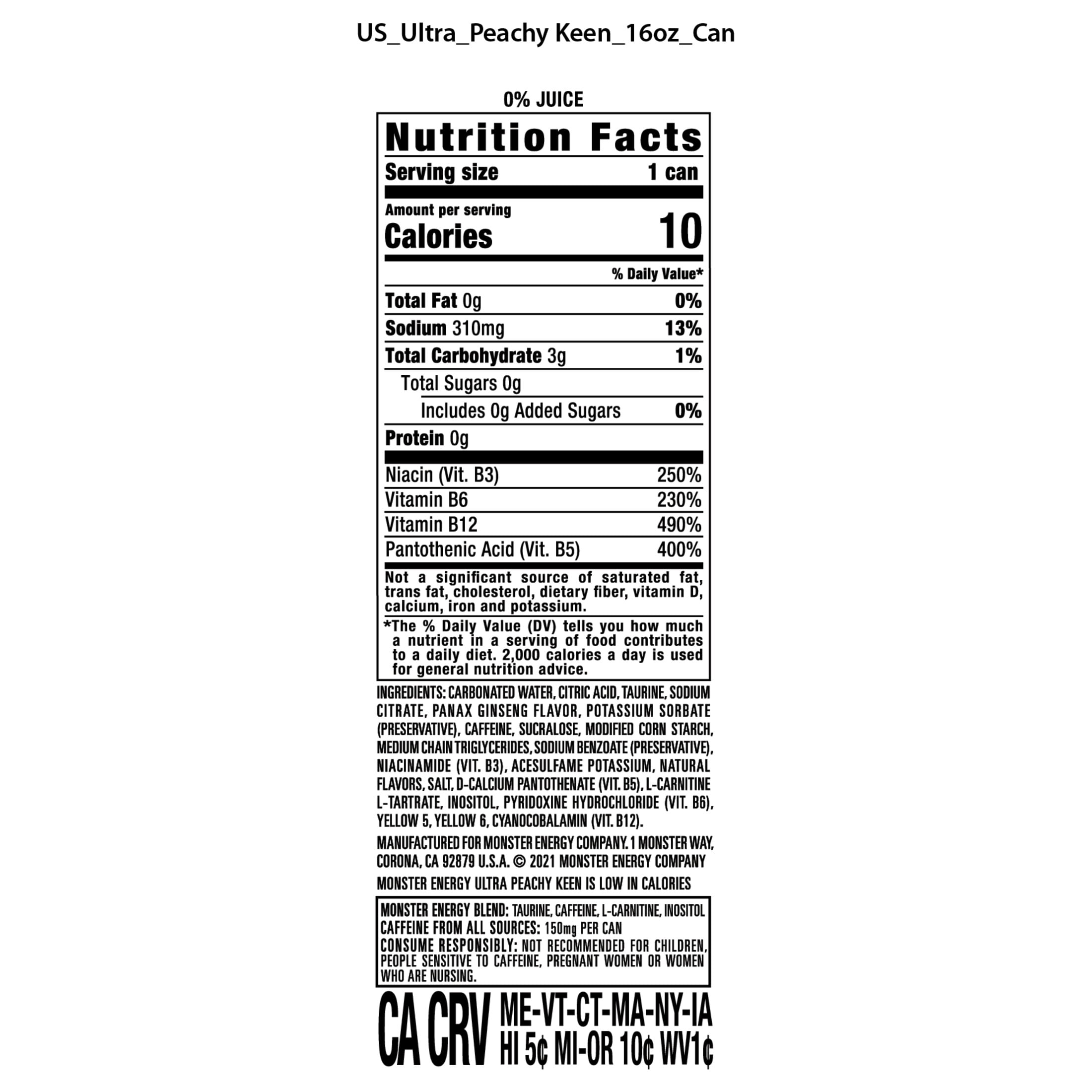 Monster Energy Ultra Peachy Keen Energy Drink, Zero Sugar, 15-Pack, 16 Oz Cans