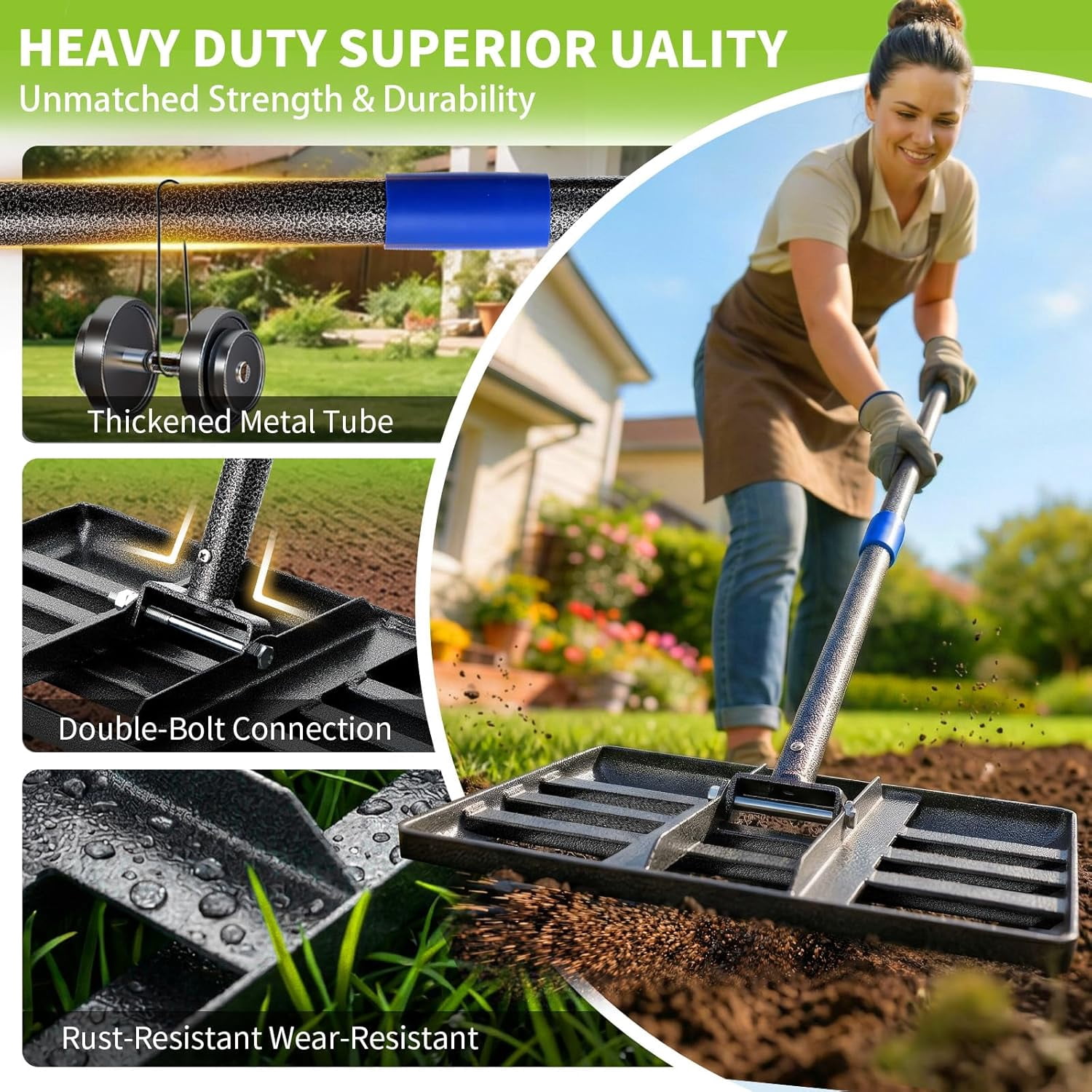CHEASYOU Lawn Leveling Rake, 17"x10" Multi-Functional Heavy Duty Lawn Leveler Tool, 1" Diameter Adjustable Leveling Rake, 60" Size for Yard, Garden & Lawn