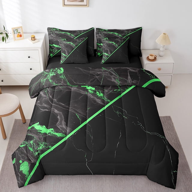 YST Green Tie Dye 7-Piece Bedding Set, Twin Size, Watercolor Marble Design