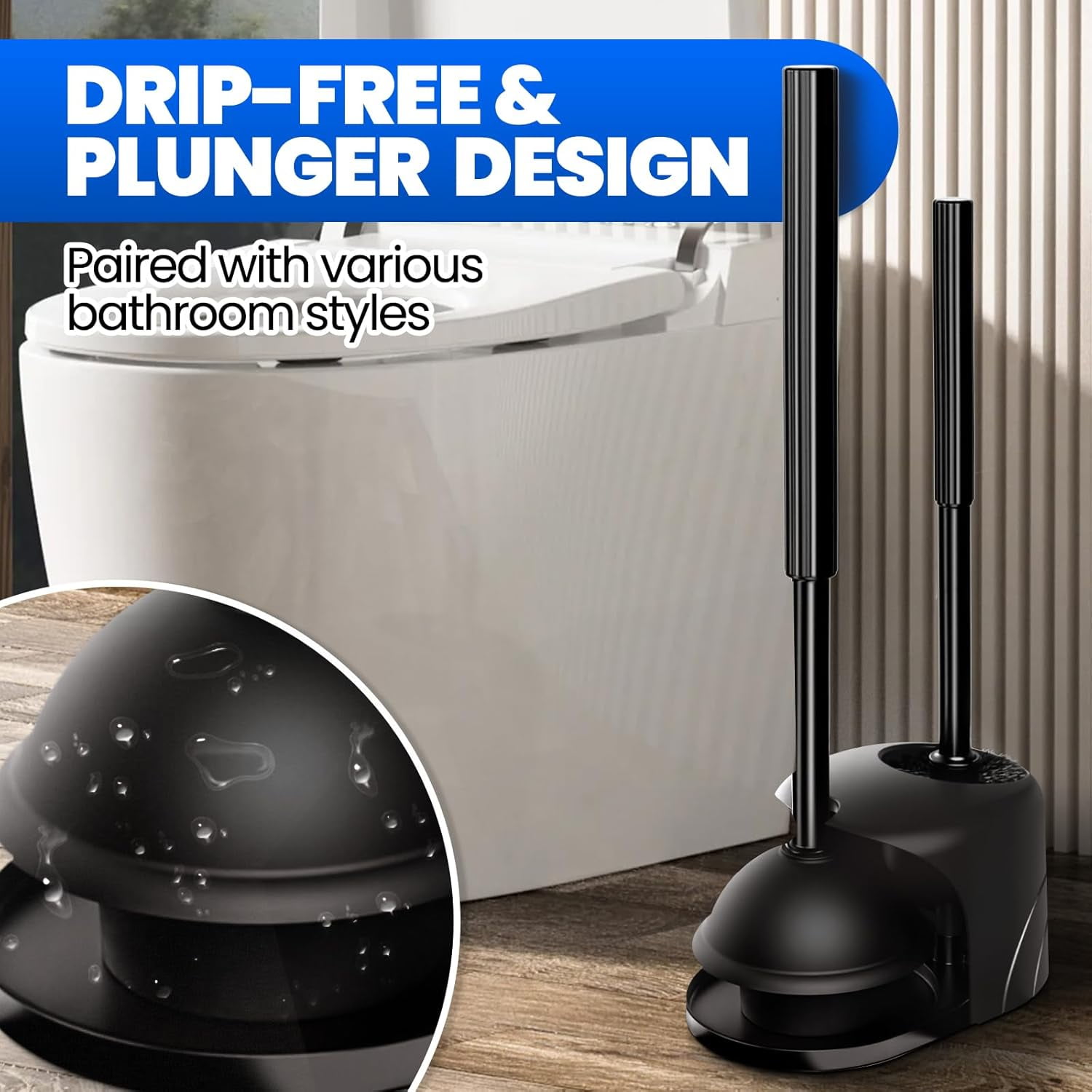 2Pack 2 in 1 Toilet Brush and Plunger Set, Extended Handle Plunger,Toilet Bowl Brush Plunger Set,Bathroom Cleaning Tools,Cleaning Brush,Toilet Brush Plunger Combo(Bright Black)