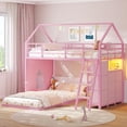thumbnail image 3 of Metal Bunk Beds Twin over Twin Size with LED Lights and Storage Drawers, L-Shaped Floor Twin Bunk Bed Frame with 3 Open Bins, Safety Guardrail & Ladder, House Low Bunk Beds for 3 Teens, Pink, 3 of 9
