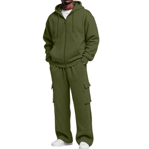 Minjewel Men's Outdoor Sportswear Set, Zip Hoodie and Elastic Waist Cargo Pants 2 Piece, Casual Track Suit for Men,Army Green L