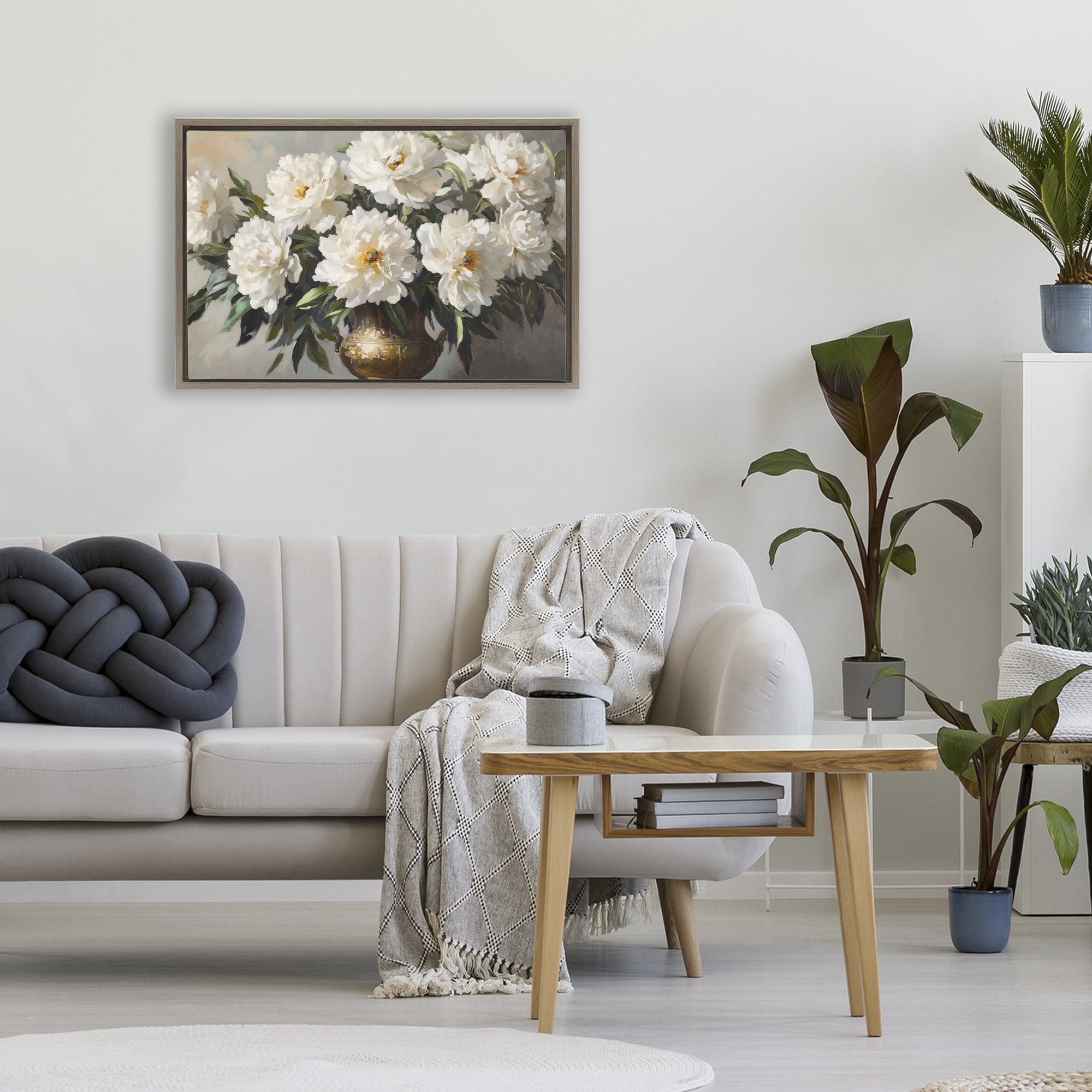 Stupell Industries Golden Vase with Peonies Brown Framed Floater Canvas Wall Art, design by Petal Prints Design