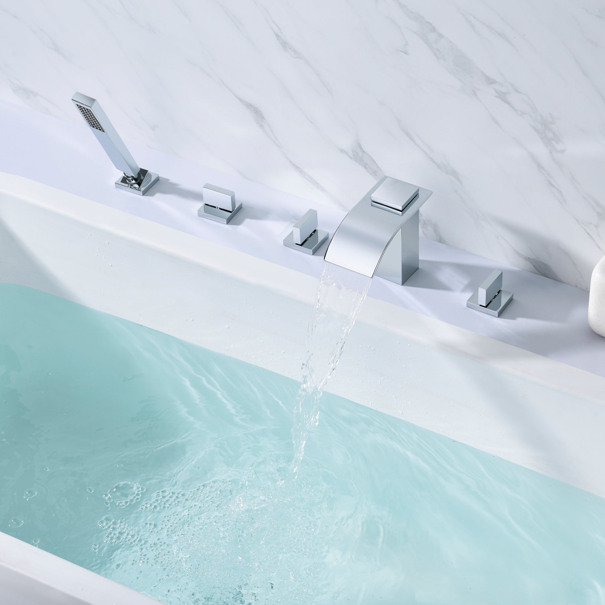 Waterfall Deck Mounted Roman Tub Faucet with Handheld Sprayer, Chrome Finish