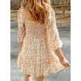 thumbnail image 3 of Women's Smocked Floral Square Neck Dress 100% Polyester Ruched Stretch Lightweight Knee Length Elegant Everyday Wear, 3 of 8