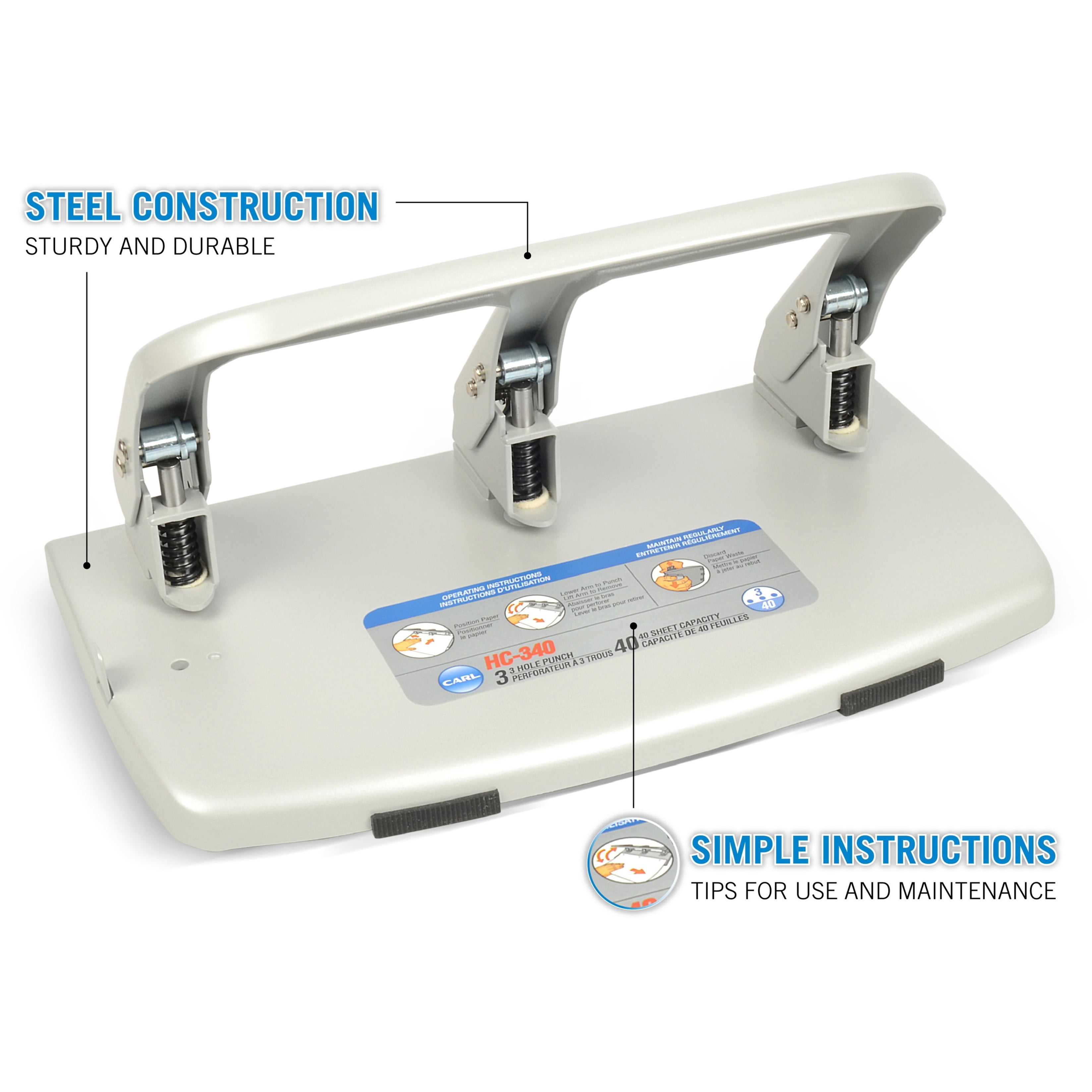 CARL 40-Sheet HC-340 Heavy-Duty Three-Hole Punch, 9/32" Holes, Silver