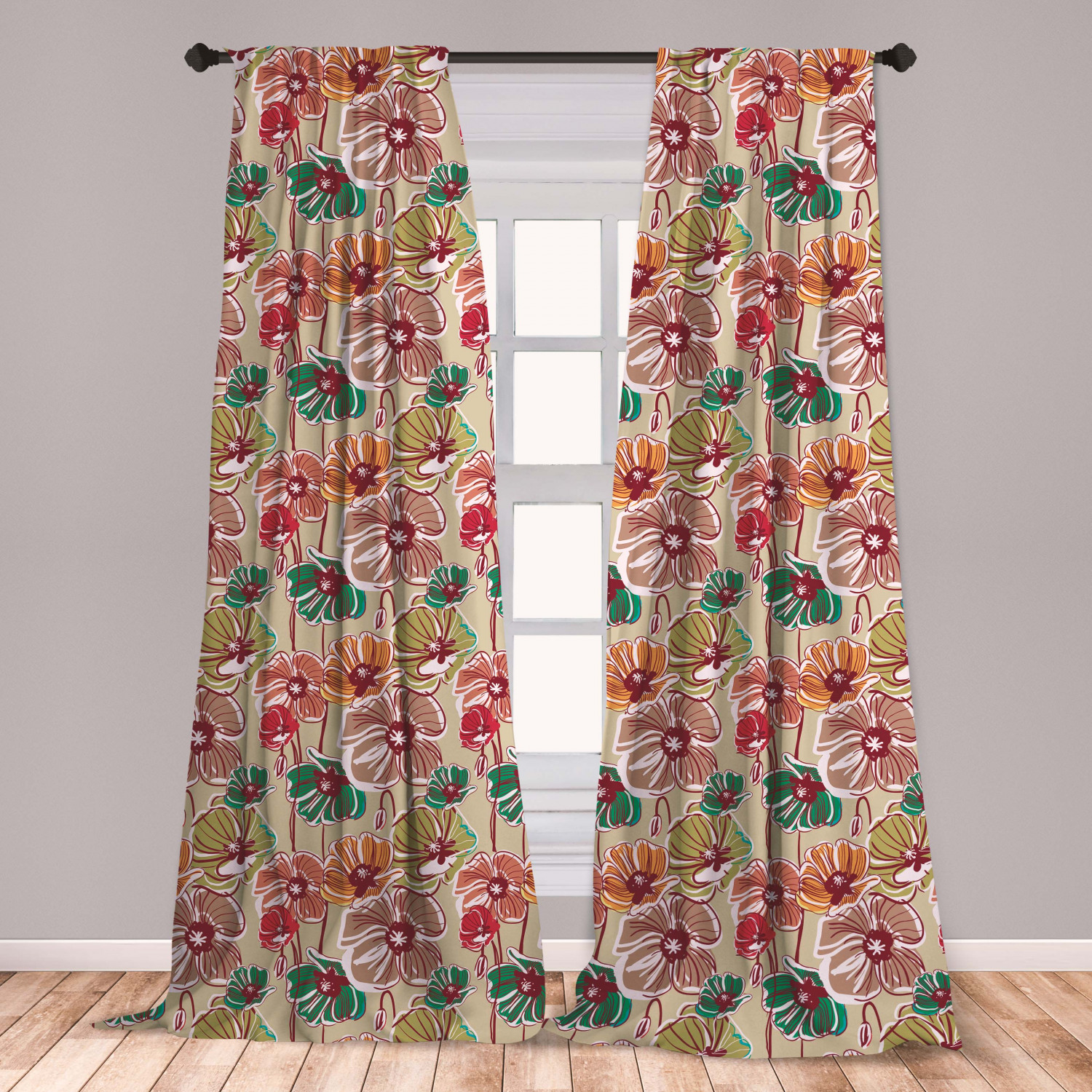 Earth Tones Curtains 2 Panels Set, Flourishing Poppy Flowers and Buds
