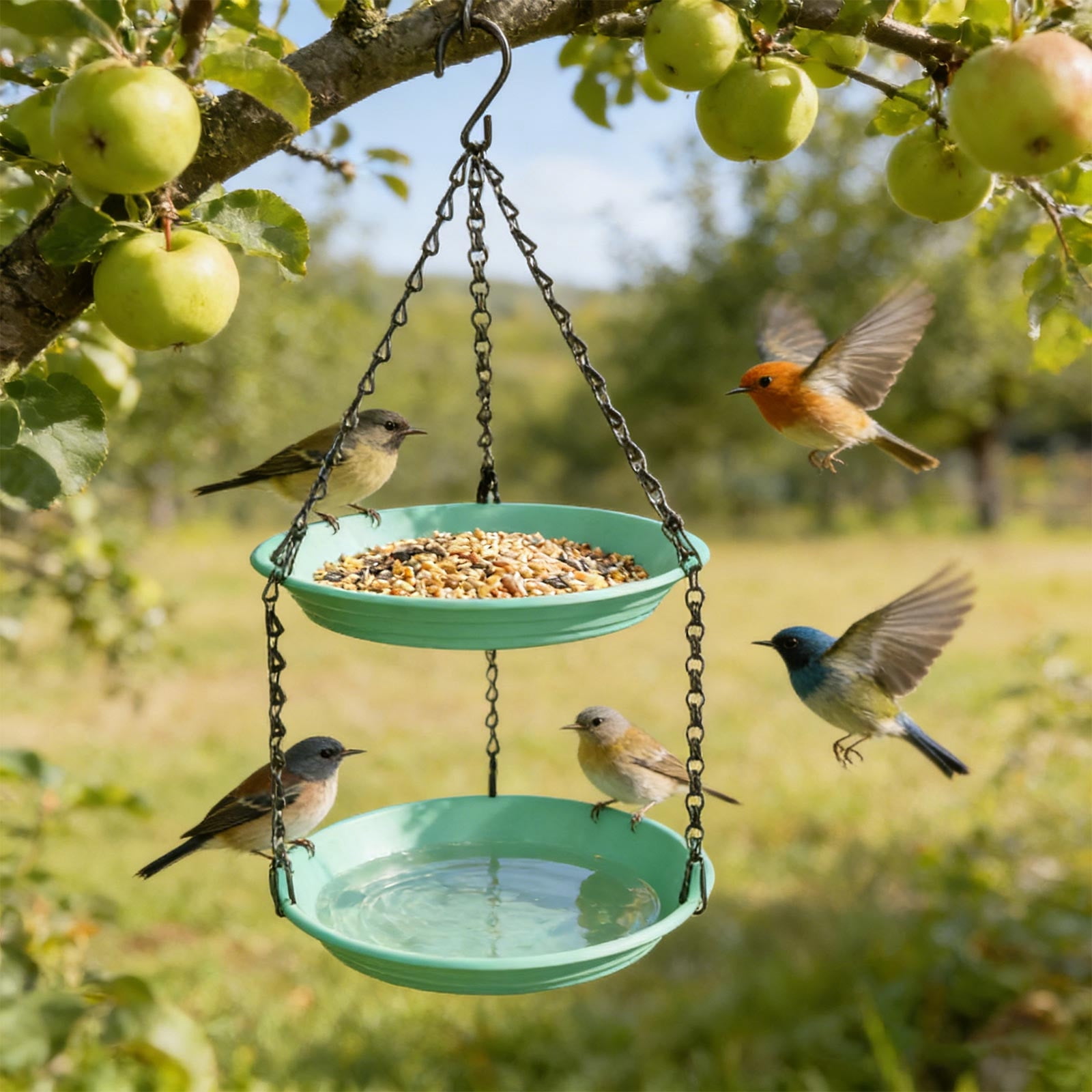 2-in-1 Double Layer Hanging Bird Feeder and Waterer Outdoor Plastic Small Bird Feeding Station with Chain Compact Garden Decor