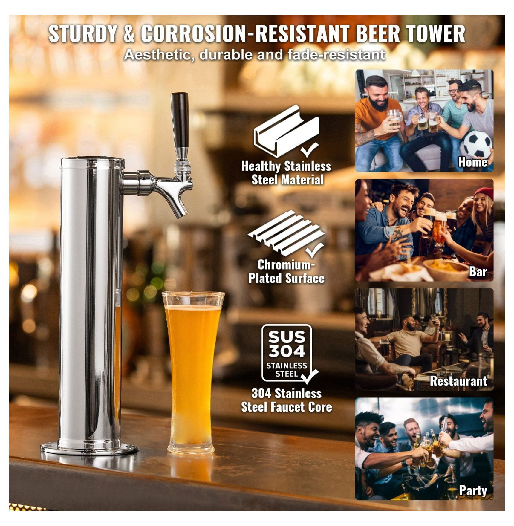 Kegerator Tower Kit, Single Tap Beer Dispenser - Stainless Steel, CGA320 Regulator, D-System Coupler, Home Bar & Party