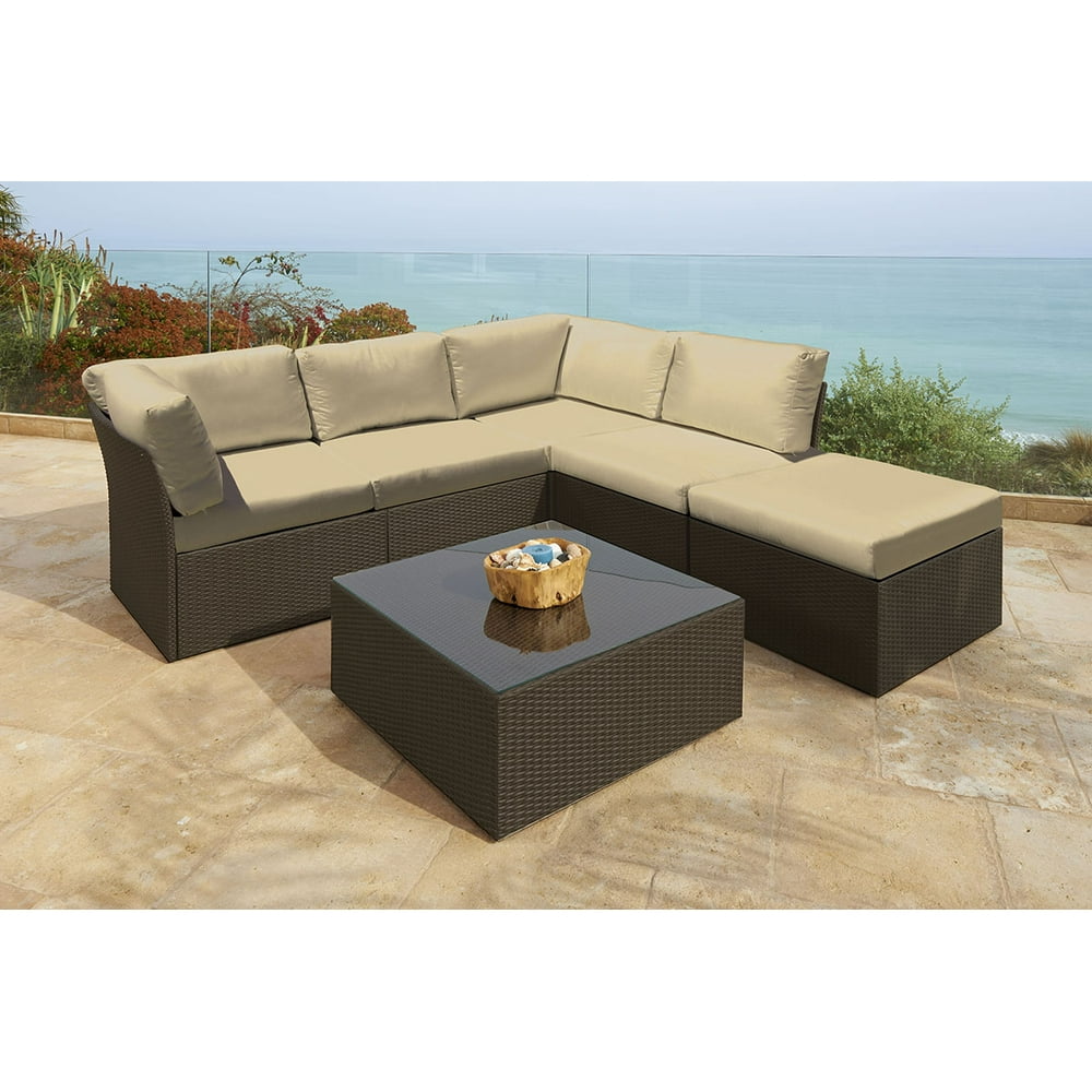 6pc Beige Newport Resin Wicker Outdoor Furniture Sectional Sofa 29
