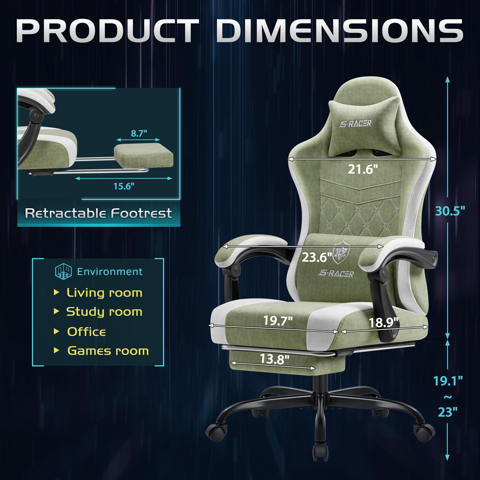 Homall Reclining Gaming Chair Premium Technical Fabric Massage Video Game Chair with Headrest, Lumber Support and Footrest, Green