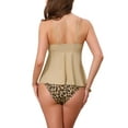 thumbnail image 3 of INSPIRE CHIC Women's Leopard Colorblock Full Coverage Bikini Sets, 2 Piece Ruffled Long Top Swimwear Bathing Suits Small Khaki, 3 of 5