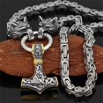 thumbnail image 2 of Collares de acero inoxidable con cabeza de lobo para hombre, colgante de martillo nórdico Mjolnir, cadena de rey escandinavo, joyería vikinga, 70 cm, acero, 2 of 5