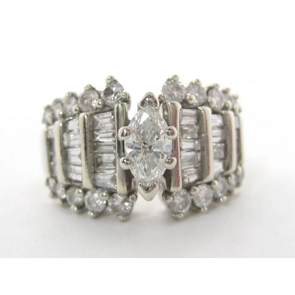Marquise Cut Diamond Wedding Ring, Women's Cocktail Diamond Engagement Ring, Solitaire With Accents Diamond Ring, 14K White Gold Plated, 2.6 Ct Simulated Diamond, Partywear Ring