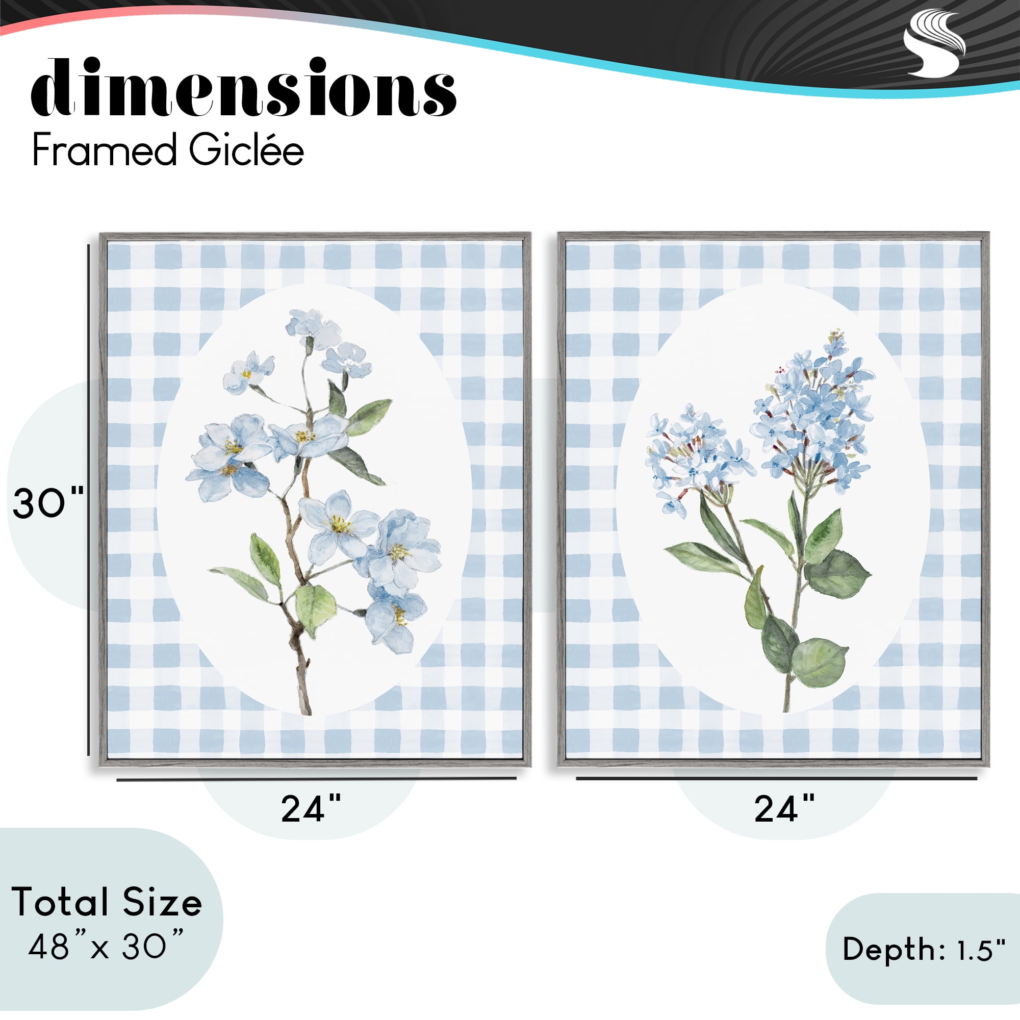 Stupell Industries Blooms on Blue Checkered 2 Piece Gray Framed Giclee Art Set, design by Lanie Loreth