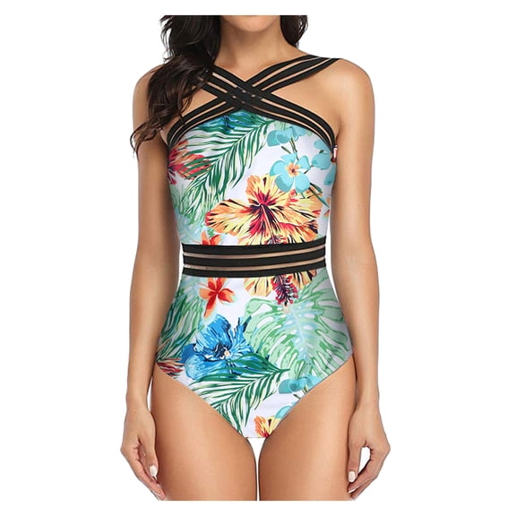 Women Swimsuits Tropical Floral Stripe Mesh One Piece Swimsuit Fashion,Blue,L