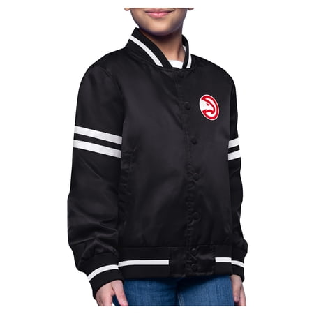Youth-Starter Black Atlanta Hawks Printed Logo Varsity Satin Full-Snap Jacket
