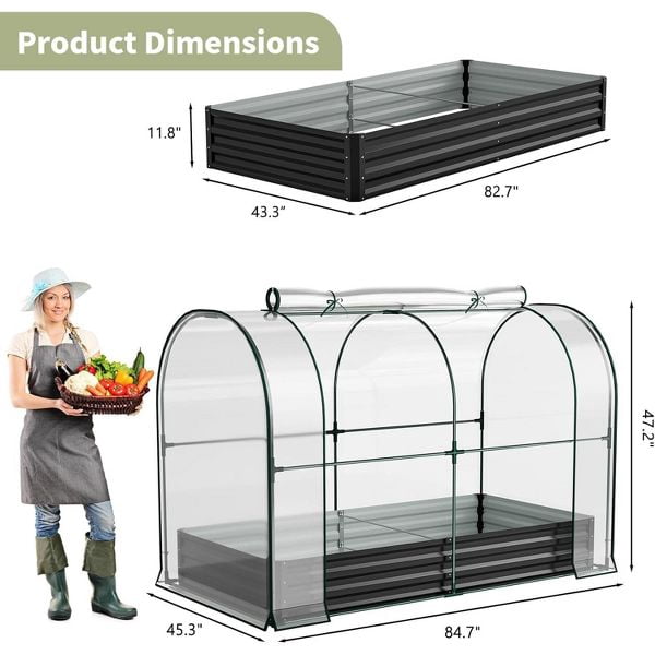 SLSY Galvanized Raised Garden Bed with PVC Cover,Metal Planter Bottomless Box w/ Roll-Up Window,Mini Greenhouse Tent for Vegetables Flower Fruit