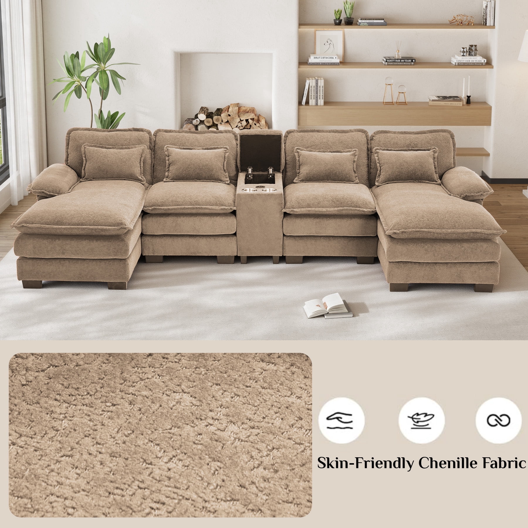 Wiilayok 133" U Shaped Cloud Couch Modular Sectional Couches for Living Room Fluffy Chenille Deep Seat Sofa Set with Double Chaise Lounge, Storage Central Console, Cup Holders, USB Port, Light Brown