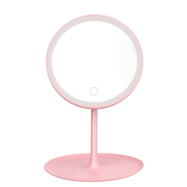 Rechargeable LED Makeup Mirror with Dimmable Natural White Light - Round Design, Detachable Base for Cosmetics Storage, USB Charging, 4-5 Hour Use Time, Adjustable Angle - Pink