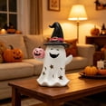 thumbnail image 6 of Star Moon Hollow Resin Ghost Statue Holding Pink Pumpkin Lantern, Halloween Cute Witch Hat Ghost Figurine, Warm Glow Pastel Halloween Tabletop Decor, 6 of 6