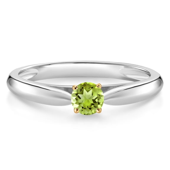 Gem Stone King 0.21 Ct Round Green Peridot 10K White and Yellow Gold Solitaire Engagement Ring (Size 6)