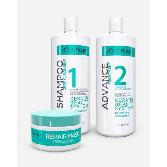 Unnique Advance Keratin Treatment Kit 16 oz ( Deep Cleanse Shampoo, Advance Treatment & Repair Mask)