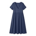 thumbnail image 4 of Kvture Women's Linen Midi Dress V Neck Button Front Short Sleeve Dress Loose Fit Casual Summer Dresses with Pockets Navy, 4 of 9