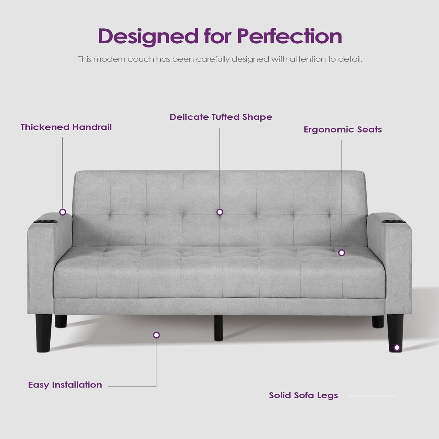 LAZZO 62" Mid-Century Modern Loveseat Sofa, Faux Leather Tufted Compact Couch with USB Ports & Cupholders, Light Gray