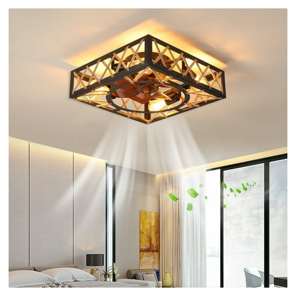 Farmhouse Rustic Ceiling Fan and Control,Square Caged Industrial Ceiling Fixture with 6 Speeds & Noiseless DC Motor for Kitchen Dining Room Living Room Bedroom