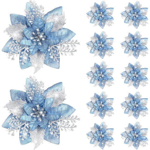 12 Pcs Glitter Christmas Artificial Flowers, Ideal for Tree Wreath Table Wedding Holiday Decor(RL)