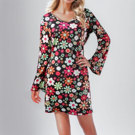 Women's Casual Tennis Dress Women's 70s Disco Outfit Set Hippie Dress with Accessories for Halloween and Party Black S