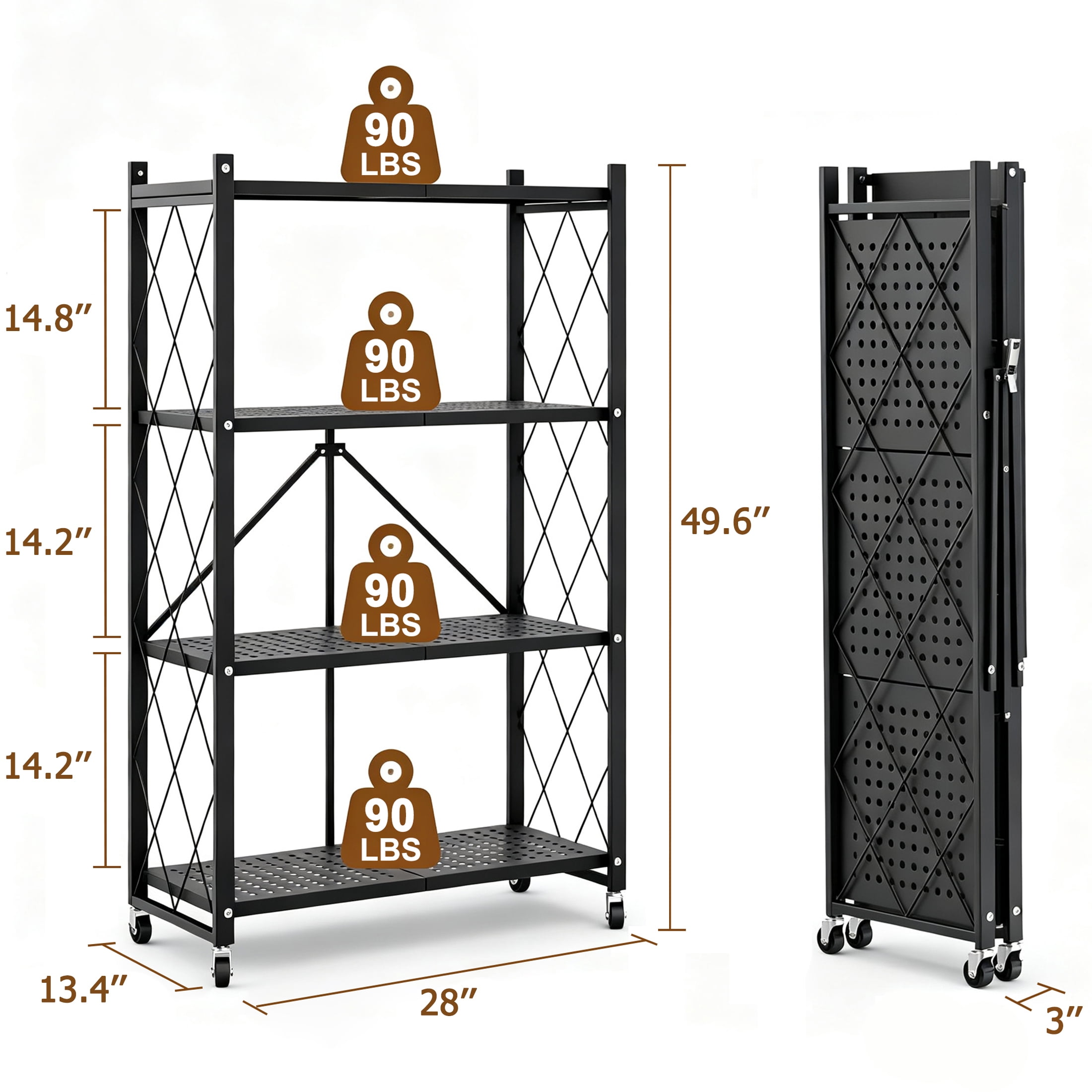 GARITIN Storage Shelves, 4 Tier Foldable Rolling Storage Rack with Wheels, No Assembly Metal Organizer Shelf for Garage, Kitchen, Basement, Pantry, Black