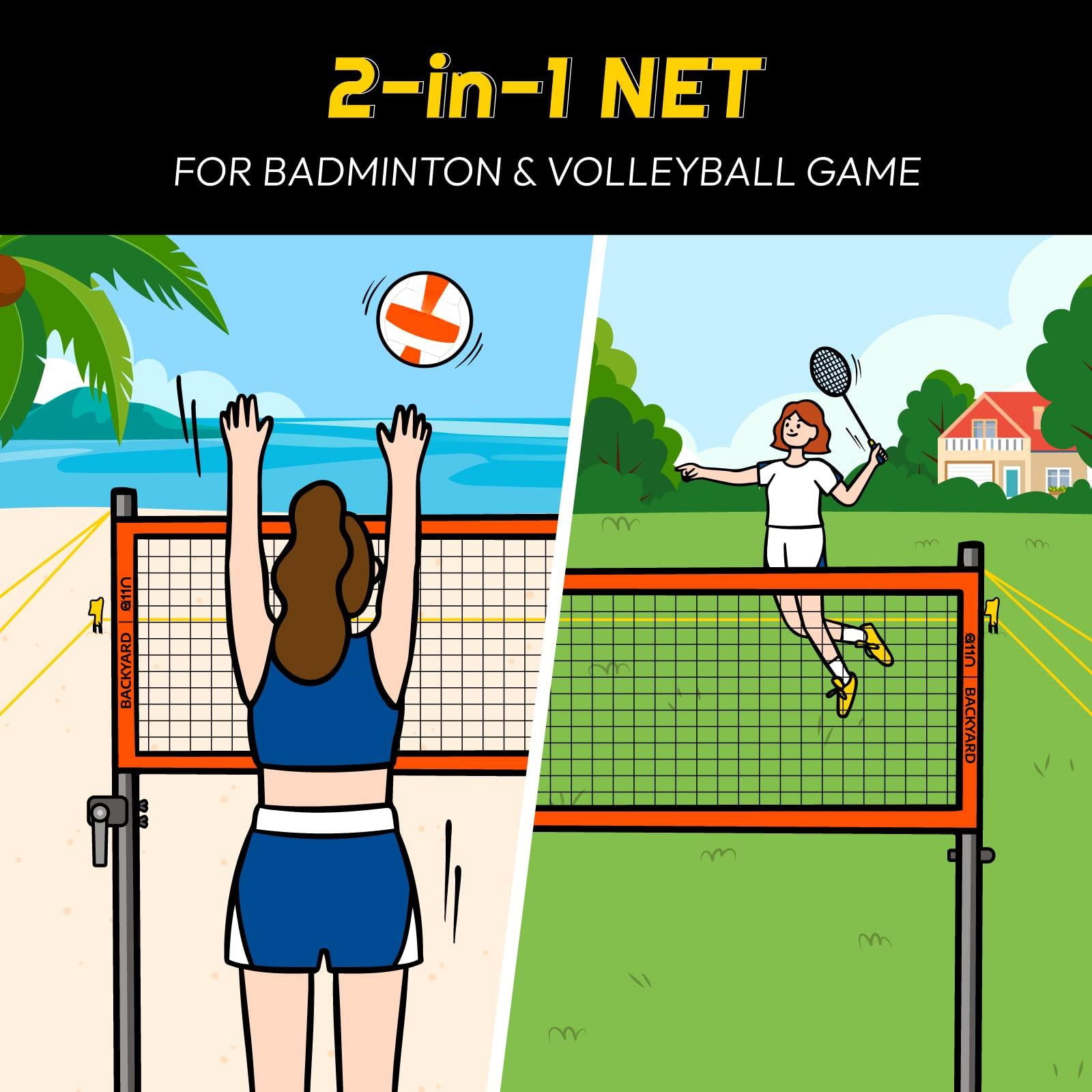 Outdoor Volleyball And Badminton Combo Set - Includes Adjustable Height Anti-sag Net  Air Pump 4 Rackets 2 Shuttlecocks Boundary Line Marker Carrying Bag