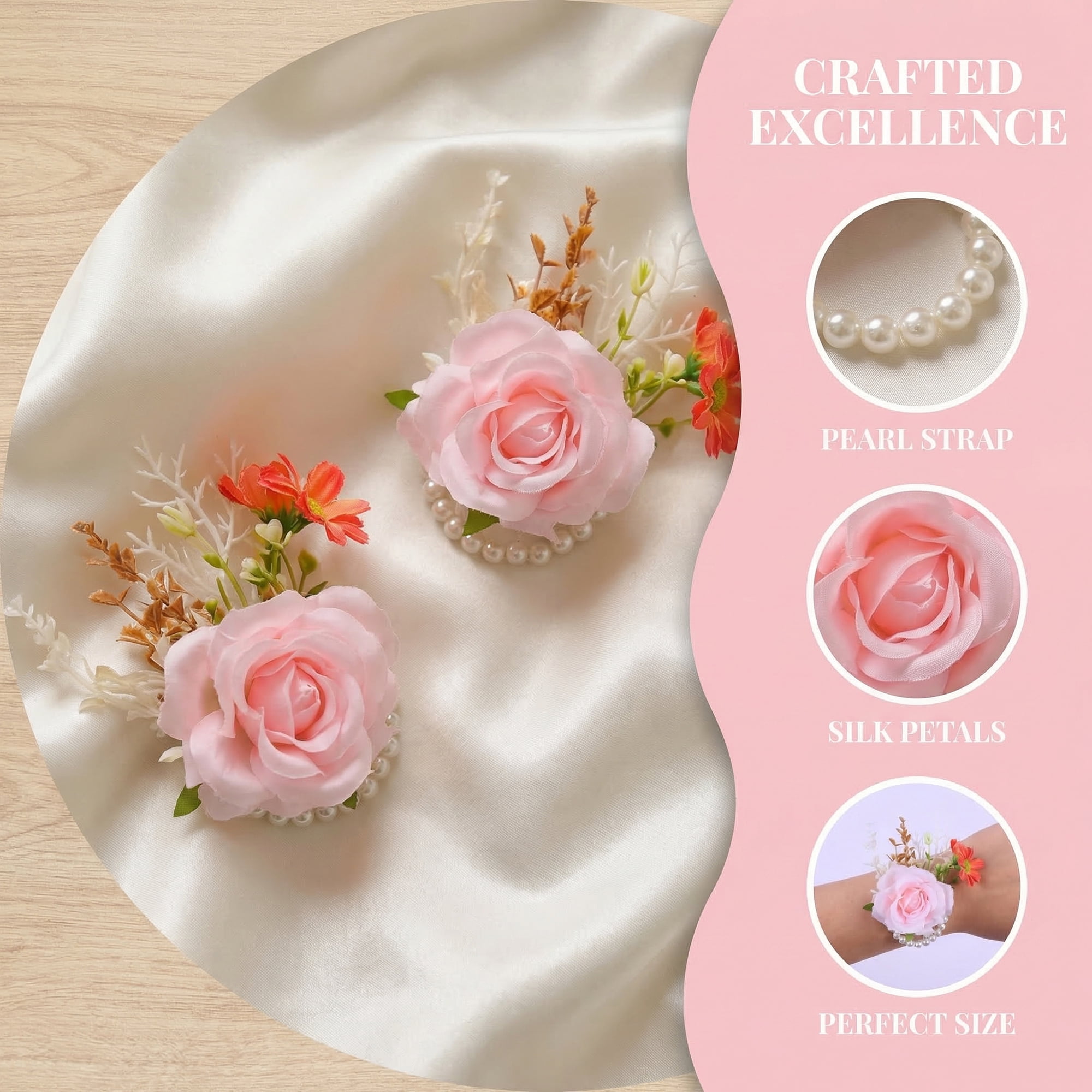 Unique Bargains Wrist Corsages Silk Rose Flower Bracelets Pink 3.9"