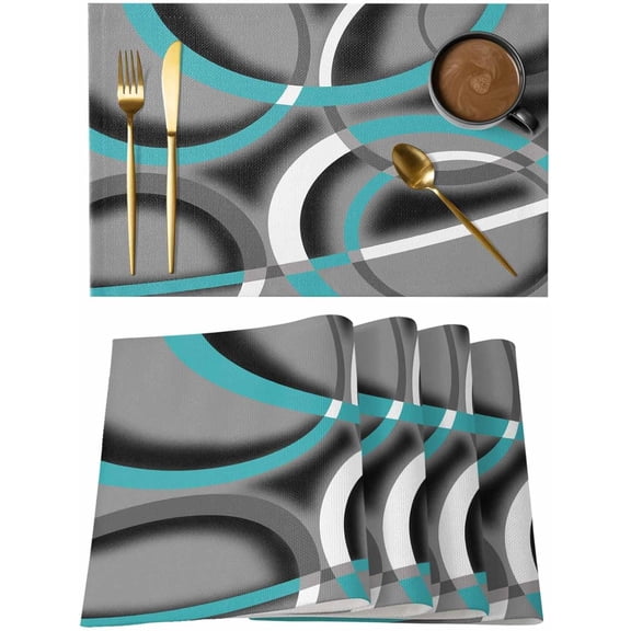 Placemats Set of 4, Turquoise Geometric Washable Wipeable Table Mats for Dining Tables, Grey Classic Abstract Lines Striped Indoor Outdoor Waterproof Kitchen Place Mats for Holiday Table Decor