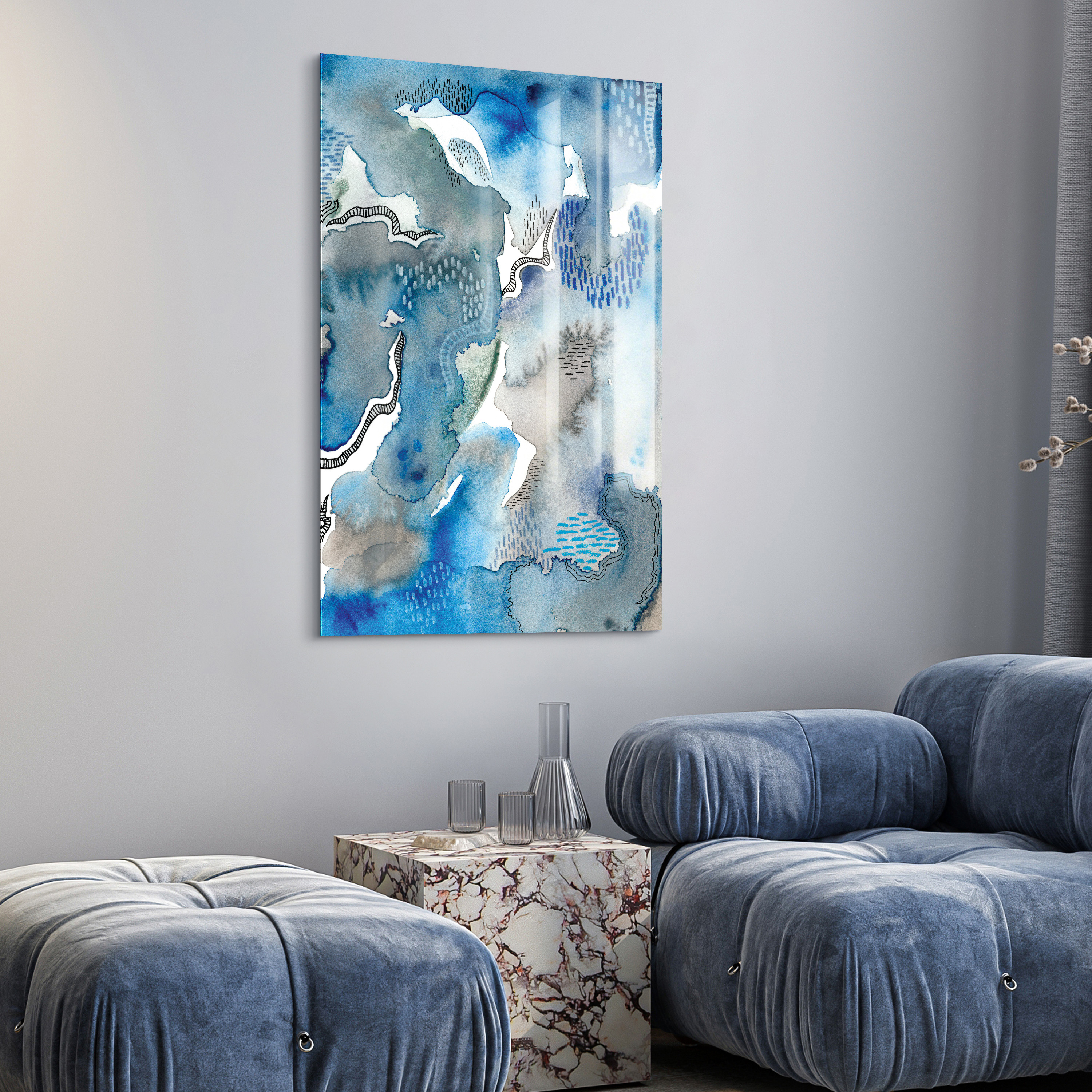 Empire Art Direct Subtle Blues II Frameless Free Floating Tempered Glass Panel Graphic Wall Art, 32" x 48" x 0.2", Ready to Hang