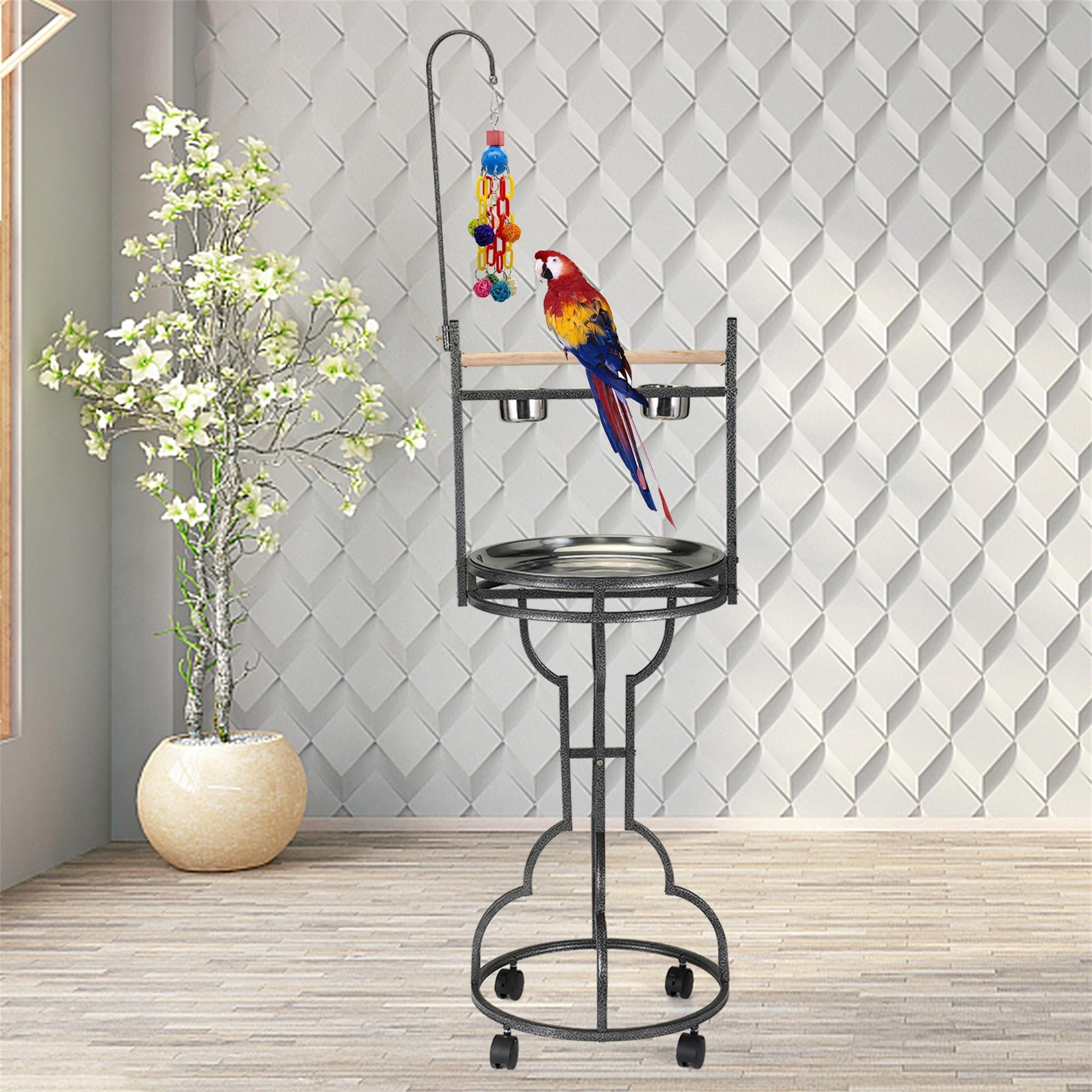 Pefilos 50" Large Parrot Wood Perch Playstand, Bird Play Stand with Bowls Rolling Wheel, Bird Play Stand, Black Pefilos 50" Large Parrot Wood Perch Playstand, Bird Play Stand with Bowls Rolling Wheel, Bird Play Stand, Black