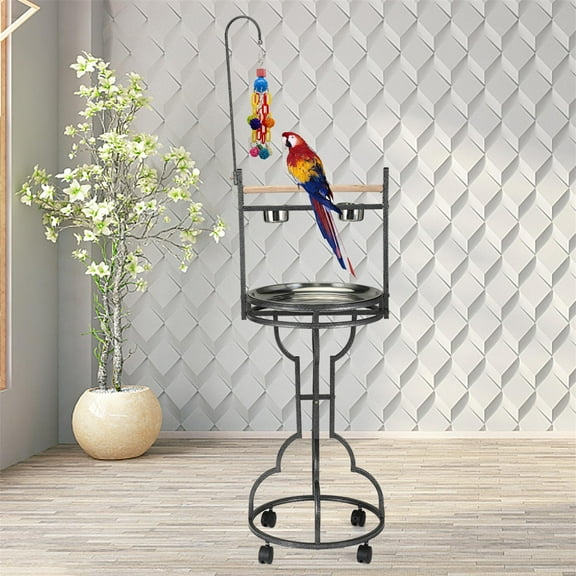Pefilos 50 Inch Large Parrot Wood Perch Playstand, Bird Play Stand with Stainless Steel Tray Bowls Toy Hook Rolling Wheel, Wrought Iron Parrot Bird Play Gym Ground Rolling Stand, Black