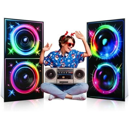 2 Pcs 4 ft 80s 90s Boom Box Cardboard Cutout Life Size Back to 1980s 1990s Theme Party Decorations Hip Hop Retro Music Neon DJ Speaker Photo Props Stand up for Birthday Party Decor Supplies