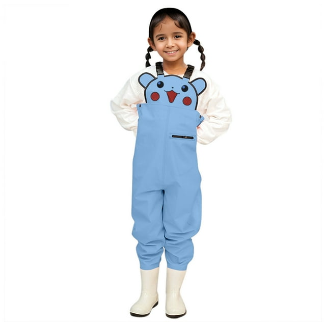 Baby Girls Rompers Summer Cartoon Print Water Proof Hunt Fishing Waders Jumpsuits With Boots Sky Blue Infant To Big Kid 5-6T
