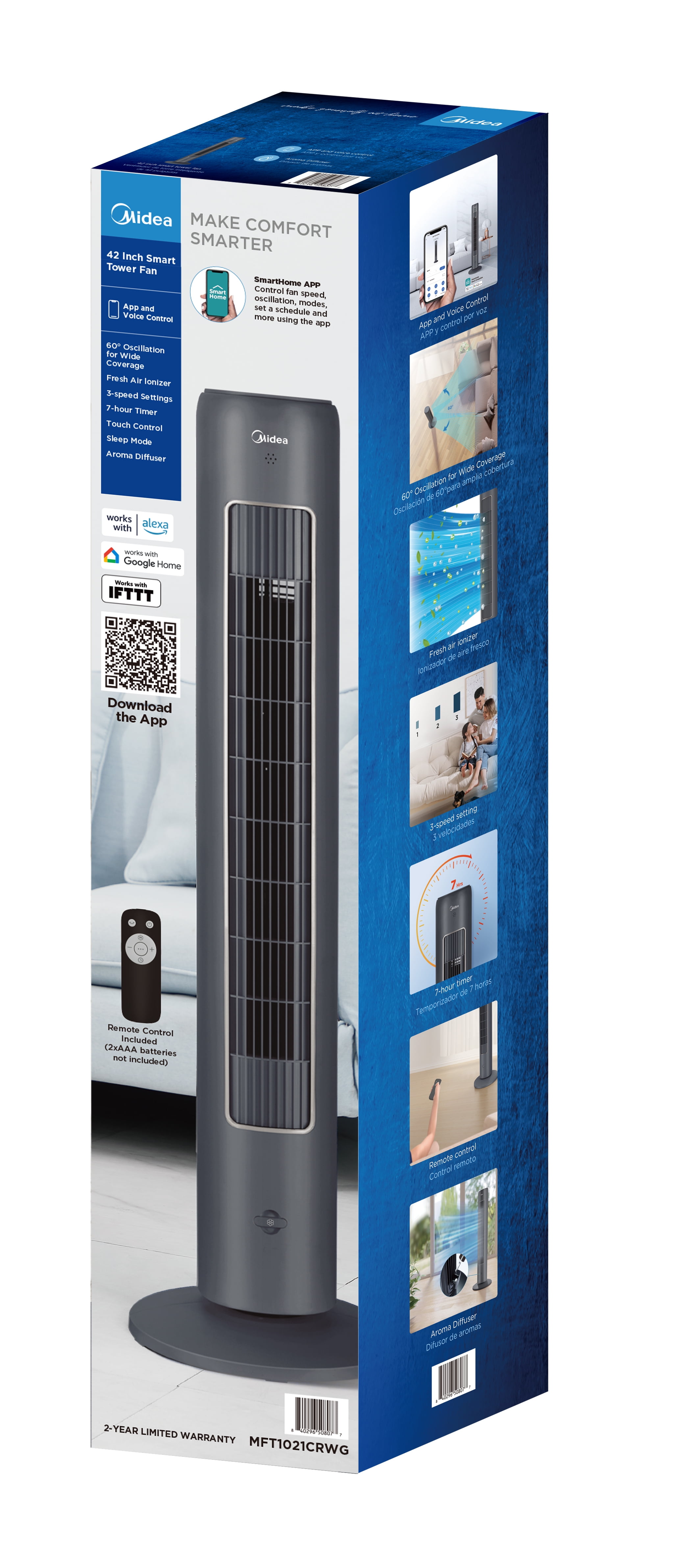 Midea WiFi 42’’ Oscillating Tower Fan With Aromatherapy for Home Use